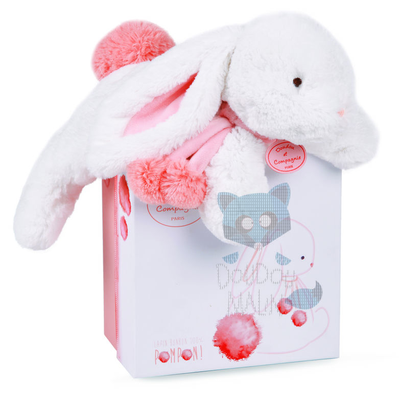  lapin pompon peluche rose corail blanc 35 cm 